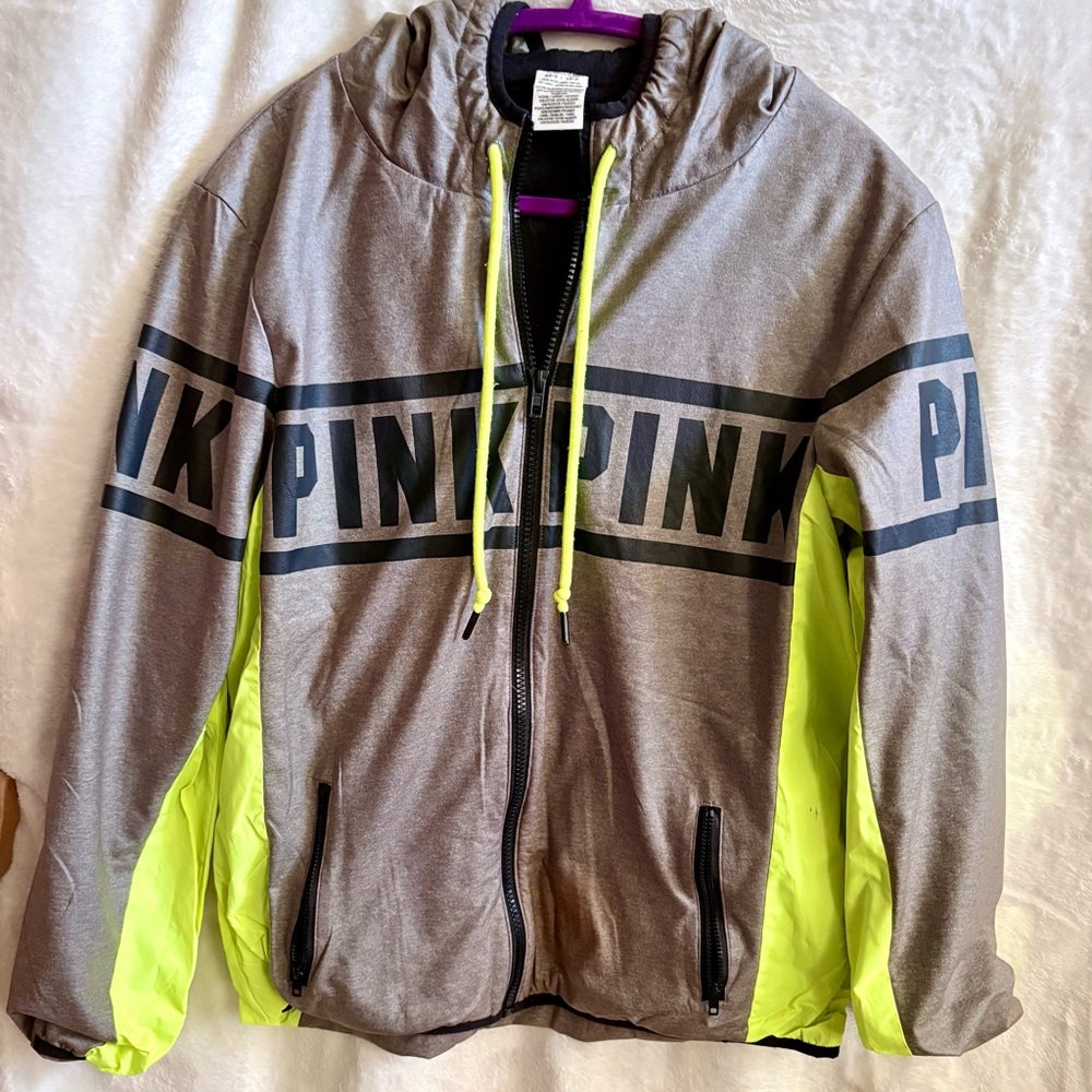 EUC PINK Victoria's Secret Gray & Neon Yellow Women’s Jacket with Hood Size XS/S